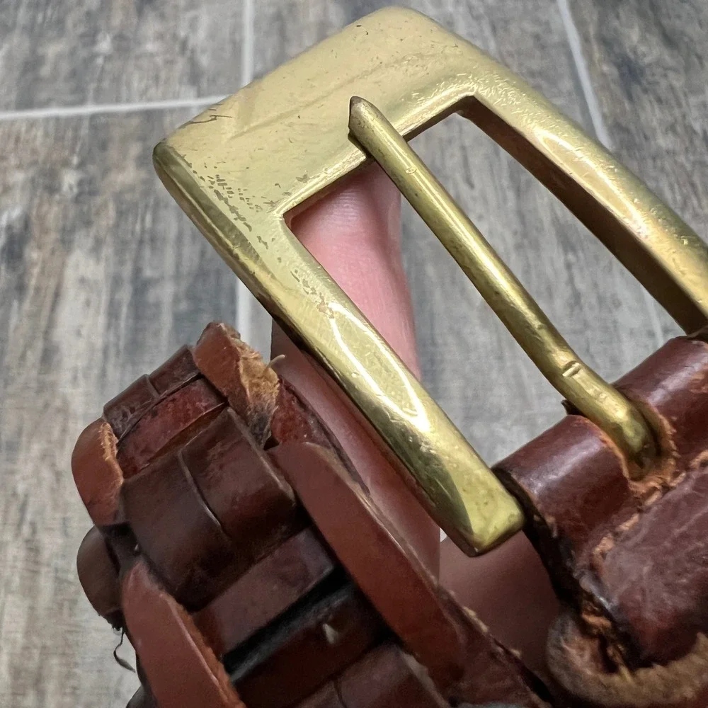 Woven Brown Genuine Leather‎ Belt with Brass Buckle Size S 36 Inch Made in India